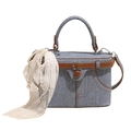 Denim box tote bag with leather trim, featuring pearl and lace accents on a white background - Blue with Charm