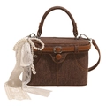 Brown denim box handbag with vintage leather strap, pearl charm and lace ribbon details - Brown with Pendant