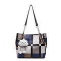 Large plaid tote bag with color-block pattern, metal chain strap and cloud charm - Blue (With Charm)
