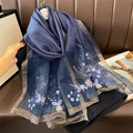 Dark blue embroidered silk blend scarf with floral patterns on a camellia hanger - Navy Blue / 70*180cm