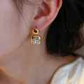 Minimalist geometric square drop earrings with gold plating and sparkling zircon on model - Romantic Starry Sky (E1365) / Gold / White Zirconia