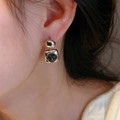 Chic geometric square stone earrings with silver studs shown on a model for a modern look - Romantic Starry Sky (E1365) / Silver Base Black Rhinestone