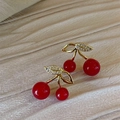 Cute cherry stud earrings with green leaf crystals and red globes in golden finish - Hollow Micro-paved Leaf Cherry (E2943)