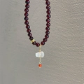 Garnet beaded bracelet with white jade gourd pendant and golden floral accent - Garnet - White Jade Treasure Gourd