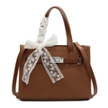 Brown woven tote bag for women with lace bow detail and adjustable shoulder strap - Brown