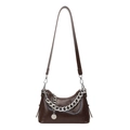 Dark brown faux leather underarm bag with silver chain and glossy waxed finish - Brown