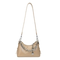 Beige oil wax leather shoulder bag with bold silver chain and adjustable cross-body strap - Khaki
