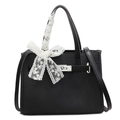 Black vintage textured tote bag with metal twist lock and floral lace bow decoration - Black