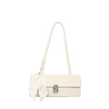 Chic cream white leather shoulder bag with checkerboard silk scarf and silver metal lock - Off White