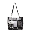 Large capacity tote bag with black and white grid pattern and plush cloud charm accessory - Black (Without Pendant)