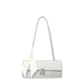 Light grey shoulder bag with silk scarf detail and silver buckle on white background - Gray