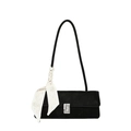Elegant black suede baguette bag with silver rhinestone buckle and plaid silk scarf decoration - Black