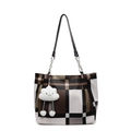 Large plaid tote bag in brown and black with chain handle and white cloud charm - Coffee (Without Pendant)