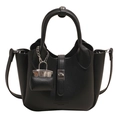 Schwarze Eimer-Handtasche aus Leder mit Litschi-Maserung und silbernem Drehverschluss - Schwarz