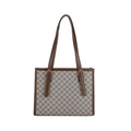 Elegant monogram tote bag in beige fabric with brown leather handles and geometric pattern - Khaki
