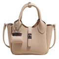Elegante beige bucket bag van leer met lychee-textuur en metalen sluiting - Khaki