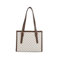 Off-white tote bag featuring brown Triomphe pattern with dark brown leather straps - Off White