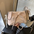Fashionable beige pleated crossbody bag with large bow and silver chain strap - Pink with Pendant