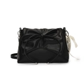 Ballet style black pleated shoulder bag with large bow and pearl chain details - Black (With Silver Beaded Ribbon)