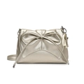 Light gold crossbody bag featuring a large bow detail and a silver heart charm - Silver (With Silver Beaded Ribbon)