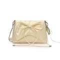 Chic cream bow shoulder bag with elegant pleats and silver metal chain strap - White (With Silver Beaded Ribbon)
