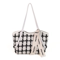 Modieuze zwart-witte tweed shopper met schouderbanden en een elegant lintdetail - Wit