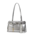 Metallic silver hobo bag with dual straps, buckle details and matching card holder - Silver
