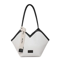 White crocodile texture tote bag with V-cut edge and black ribbon detail for women - White