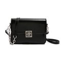 Glossy black vintage square bag with silver S-buckle and metal chain strap accent - Black
