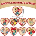 500 adesivi a cuore vintage da 1 pollice con 8 motivi retrò per regali di San Valentino - Stile del Personaggio del Cuore del Fumetto d'Epoca (219A-C124) / 500 Adesivi/Rotolo