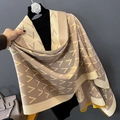 Knitted khaki shawl with yellow V-pattern and fringes, elegant winter scarf for women - 65*185cm / Khaki