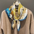 Elegant vintage garden print silk scarf styled on a beige knitted sweater - Blue Border (W-25-1)