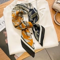Elegant orange and navy leaf print silk-like scarf tied on a white shirt collar - Abstract Leaf Color Block / Square / Green Orange