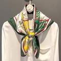Elegant printed satin square scarf in green and yellow draped on a white shirt collar - Plant Leaf Texture / Square / Yellow-Green