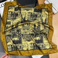 Detailed pattern of vintage mustard silk scarf with black swan and architectural motifs - 65x65cm / Ginger Yellow