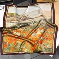 Detail of oil painting silk scarf with vibrant orange flowers and brown border finish - 65*65cm / Beige Khaki