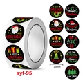 Roll of 25mm Christmas stickers with 10 festive holiday designs on black background - Black Background Colored Christmas Style (syf-95)