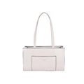 Borsa tote minimalista in pelle beige con tasca anteriore e bordi neri a contrasto - Bianco Sporco