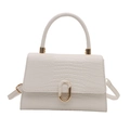 White faux-crocodile texture handbag with gold oval clasp and adjustable shoulder strap - White