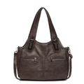 Sac cabas rétro marron foncé en cuir PU avec texture grainée et deux poches zippées - Camel