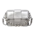 Metallic silver woven grid shoulder bag with chrome bead chain and leather strap - Silver