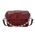 Deep red padded woven crossbody bag with silver bead chain strap and sleek finish - Red
