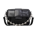 Fashion woven grid crossbody bag in black leather with bold silver bead chain strap - Black