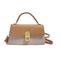 Chic two-tone square crossbody bag in brown leather and beige woven texture - Khaki