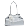 Light blue glossy PU tote bag featuring a white lace bow and pearl pendant charm - Pearl Lace Bow / Blue