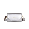 Silver metallic crossbody bag with wide geometric strap and gold lettering details - Silver