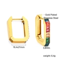 Detail view of rectangular gold-plated earrings showing dimensions 16.4x21mm with zircon - Rectangular Rainbow Zirconia Style (EA31800MG) / Gold