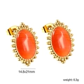 Detail view of oval orange cat eye earrings with gold beaded edges measuring 14.8x21mm - Orange Cat Eye Stone - Steel Color (EA59980E)