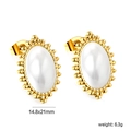 Detailed view of white opal stud earrings with gold beaded edges and dimensions - Pearl White - Steel Color (EA59981A)