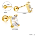 Gold stainless steel stud earrings with rectangle cut white cubic zirconia and twist ball backs - Gold Rectangle Cut (EA63070AG)